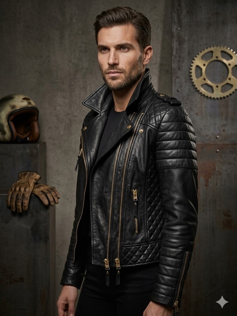 Real Leather Co Black Motorcycle Jacket Gold Zipper Ribbed Detail Men's Large L